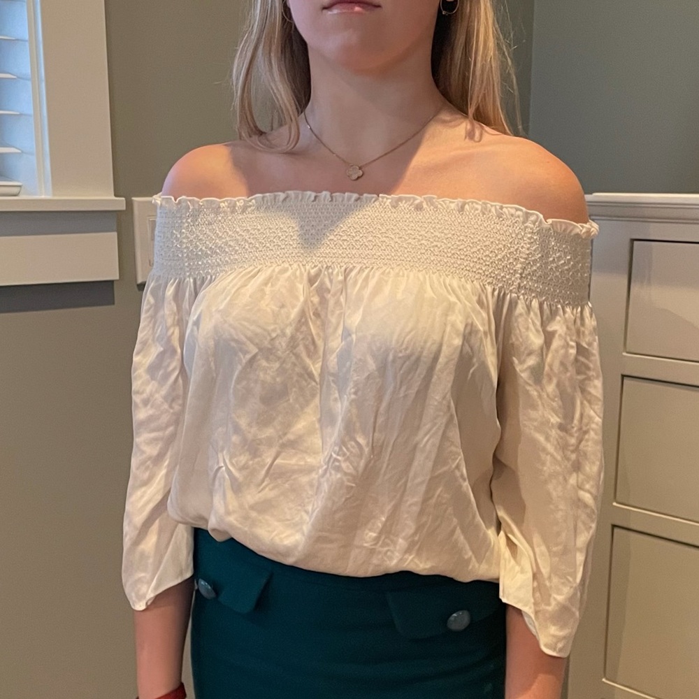 THEORY white silk smocked off shoulder blouse top
